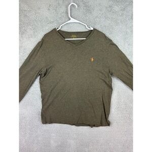 Polo Ralph Lauren Shirt Mens Size Large V Neck Olive Green Long Sleeve Light
